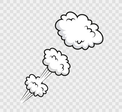 Comic smoke cloud with wind. Funny balloons. Speech bubble in pop art style. Cartoon message shape with speed effect. Explosion bomb frame. Sky air object. Vector illustration.