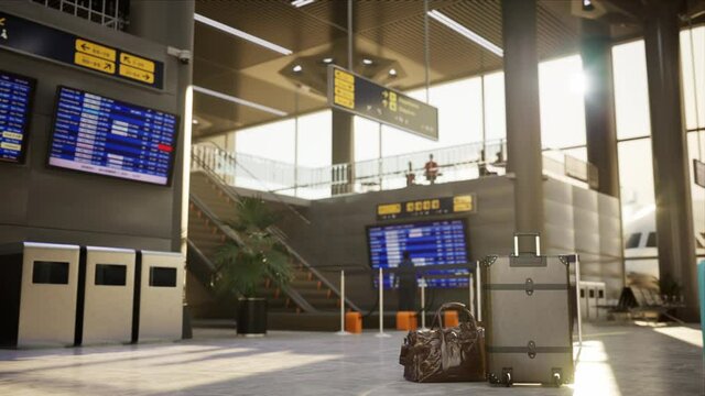 Airport terminal waiting hall with people in sunlight and airplane ready for boarding waiting in the gate. High quality 3d photorealistic render