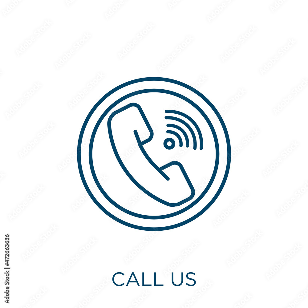 Poster call us icon. thin linear call us outline icon isolated on white background. line vector call us sig
