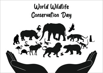 A powerful image for World Wildlife Conservation Day shows open hands cradling wildlife silhouettes. The text emphasizes protecting endangered species and inspiring action to safeguard biodiversity.