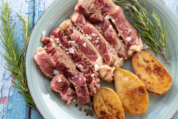 beef steak with potatoes on a plate