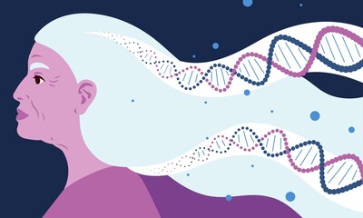 Profile of an elderly, old woman with long white hair. Illustration for DNA concept, hereditary diseases and therapy, DNA analysis and applications in the medical field, healthcare, genetic traits.  - obrazy, fototapety, plakaty