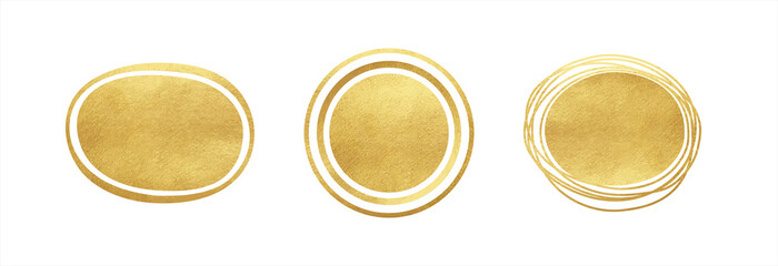 Golden foil texture round, oval vector backgrounds set. Circle, ring shapes with outline. Rounded artistic gold glittering text frames collection, border templates, creative graphic design elements.