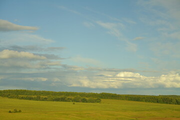 a field with grass and green forest, and a beautiful sky. scenery.
