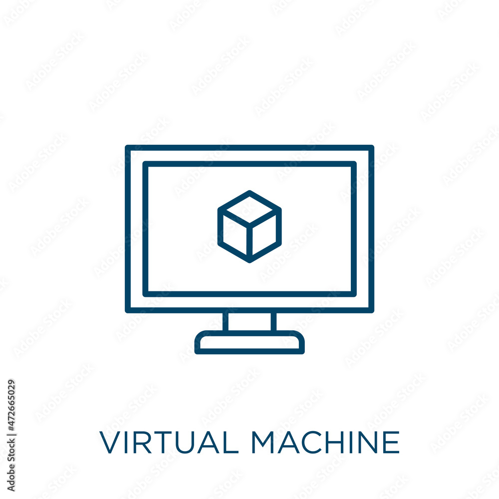 Poster virtual machine icon. thin linear virtual machine outline icon isolated on white background. line ve