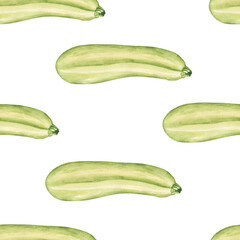 Aquarelle zucchini seamless pattern on white background. Watercolor hand drawing illustration. Green vegetable. Perfect for food design.