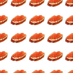 Seamless pattern. Sandwiches with red caviar. Watercolor hand drawn illustration, isolated on white background