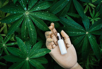 Natural cosmetics, serum on wooden hand, background green plants,