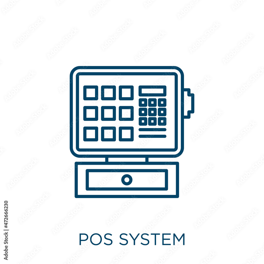 Poster pos system icon. thin linear pos system outline icon isolated on white background. line vector pos s