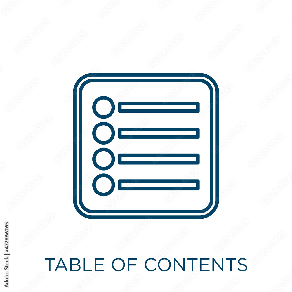 Poster table of contents icon. thin linear table of contents outline icon isolated on white background. lin