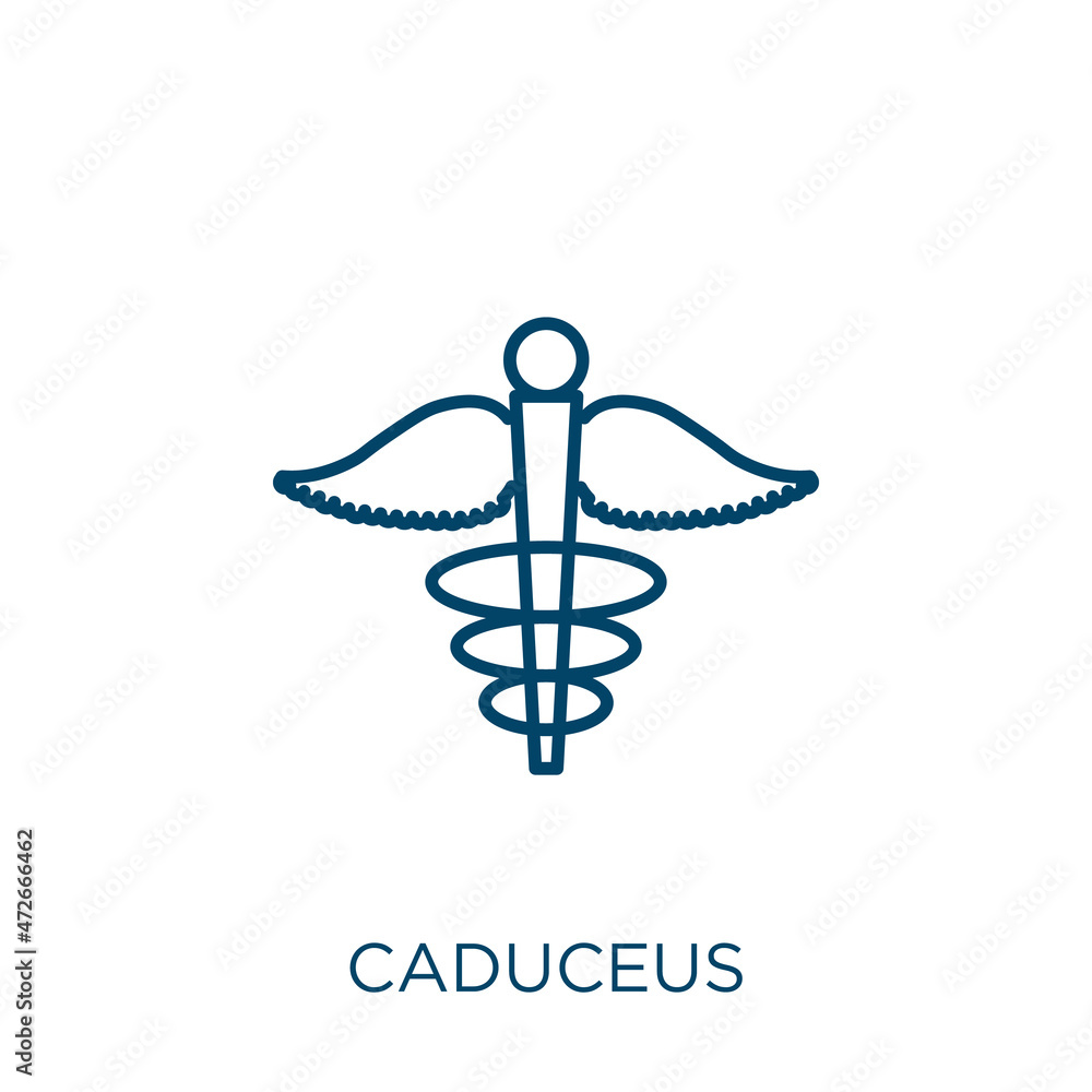 Poster caduceus icon. Thin linear caduceus outline icon isolated on white background. Line vector caduceus sign, symbol for web and mobile.