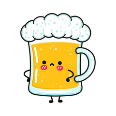 Cute sad glass of beer character. Vector hand drawn cartoon kawaii character illustration icon. Isolated on white background. Glass of beer character concept