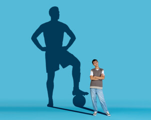 Fototapeta na wymiar Man dreaming about big and famous sport future. Conceptual image with boy and shadow of football player on blue background