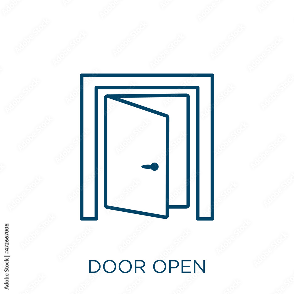 Poster door open icon. thin linear door open outline icon isolated on white background. line vector door op