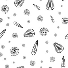 Ammonite trilobite haplophrentis vector seamless pattern background. Hand drawn shell cephalopod, arthropod, hyolithis ribbed fossils Extinct marine predators and filter feeders. For natural history © Gaianami  Design