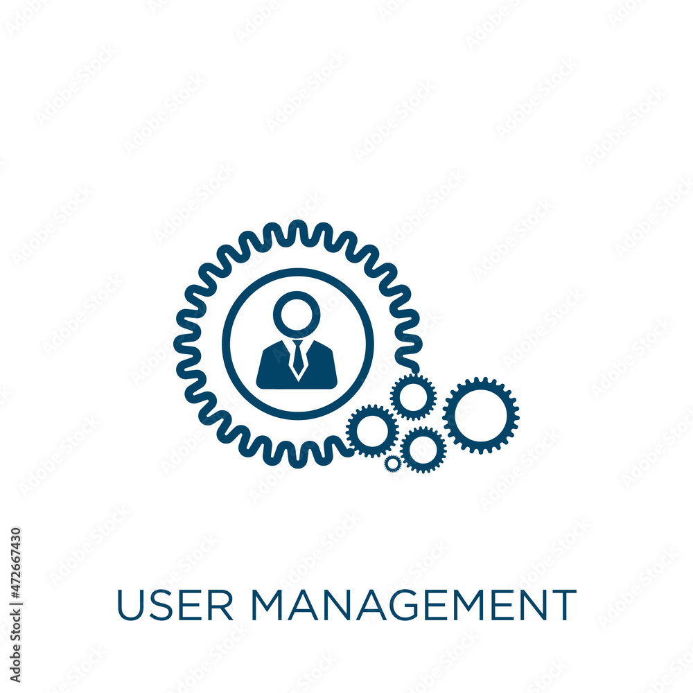 Poster user management icon. Thin linear user management outline icon isolated on white background. Line vector user management sign, symbol for web and mobile.