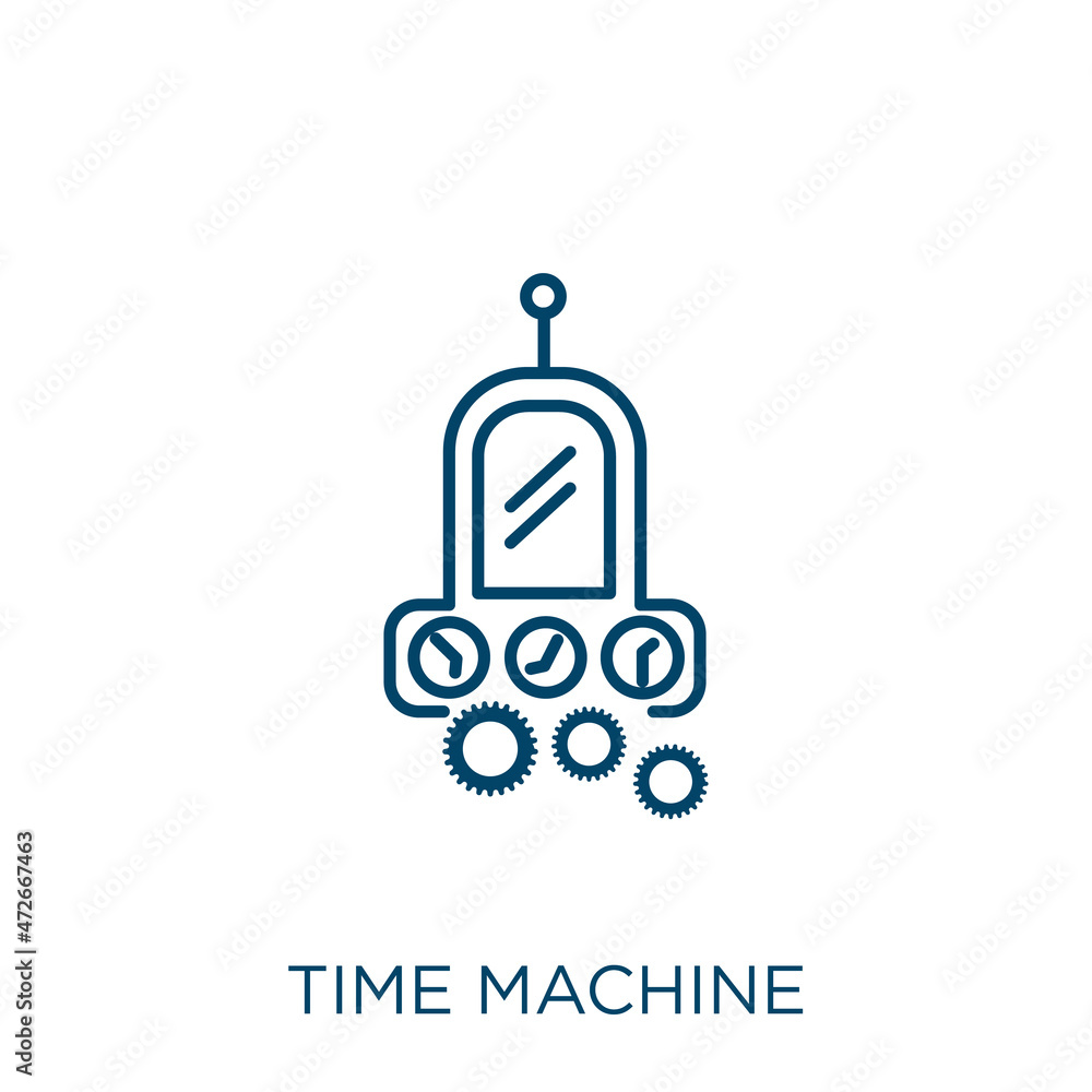 Poster time machine icon. thin linear time machine outline icon isolated on white background. line vector t