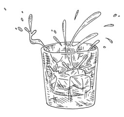 Glass whiskey with flying splash. Vintage black engraving