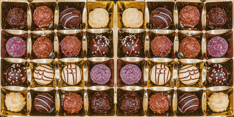 chocolate candies in the box, top view