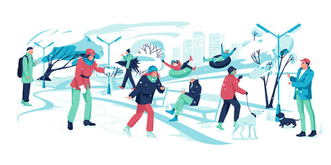 People walking in park. Men, women doing winter activities. Snowy landscape panorama. Active characters ice skating, ride snowtubing, walking with dogs, communication. Flat vector illustration.