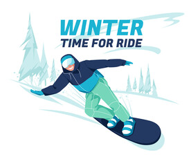 scene of snowboarder riding board at snowy mountainsides or slopes.  Colorful flat vector illustration