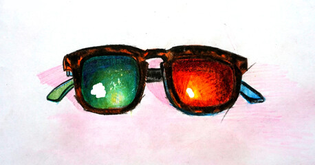 3D glasses with multi-colored lenses. handdrawn. colorful