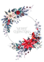 Hand-drawn Watercolor Floral Christmas Card in Vintage Style. - 472668054