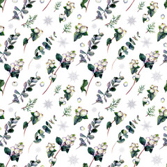 Watercolor Christmas Floral Seamless Pattern Isolated on White.