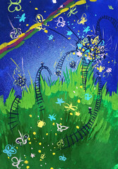 Big butterflies in the sky with fantasy sky. Fairy landscape