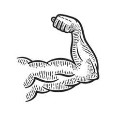 A strong arm showing its biceps muscle. Engraving drawing style. Vector illustration.