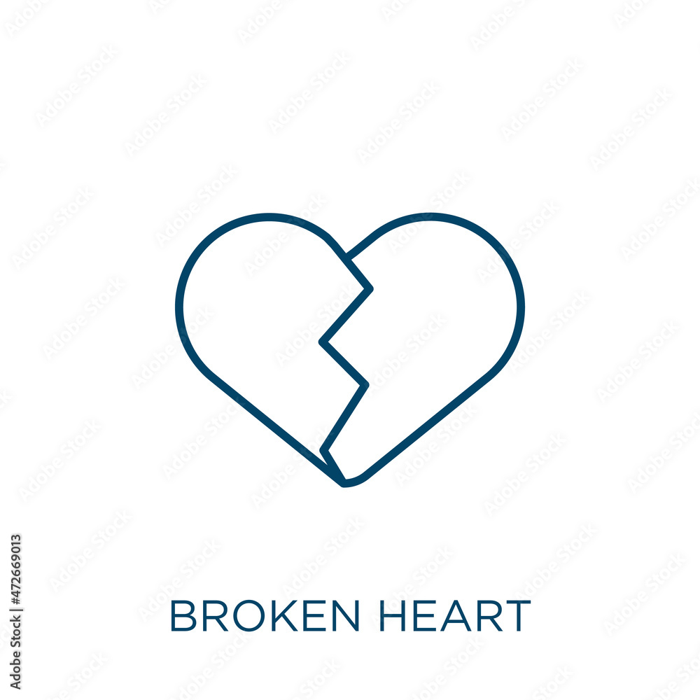 Poster broken heart icon. thin linear broken heart outline icon isolated on white background. line vector b