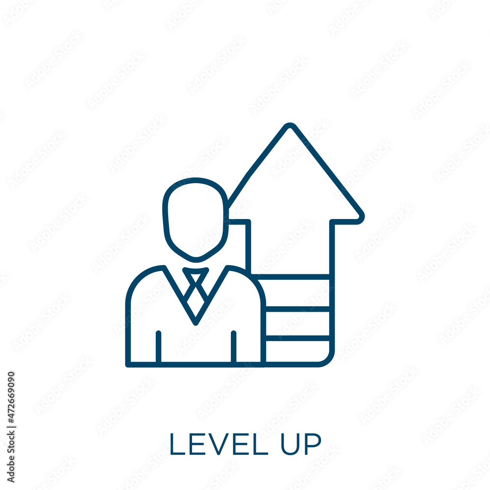Poster level up icon. thin linear level up outline icon isolated on white background. line vector level up 