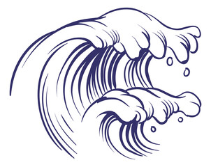 Ocean wave in hand drawn style. Blue pen ink sketch