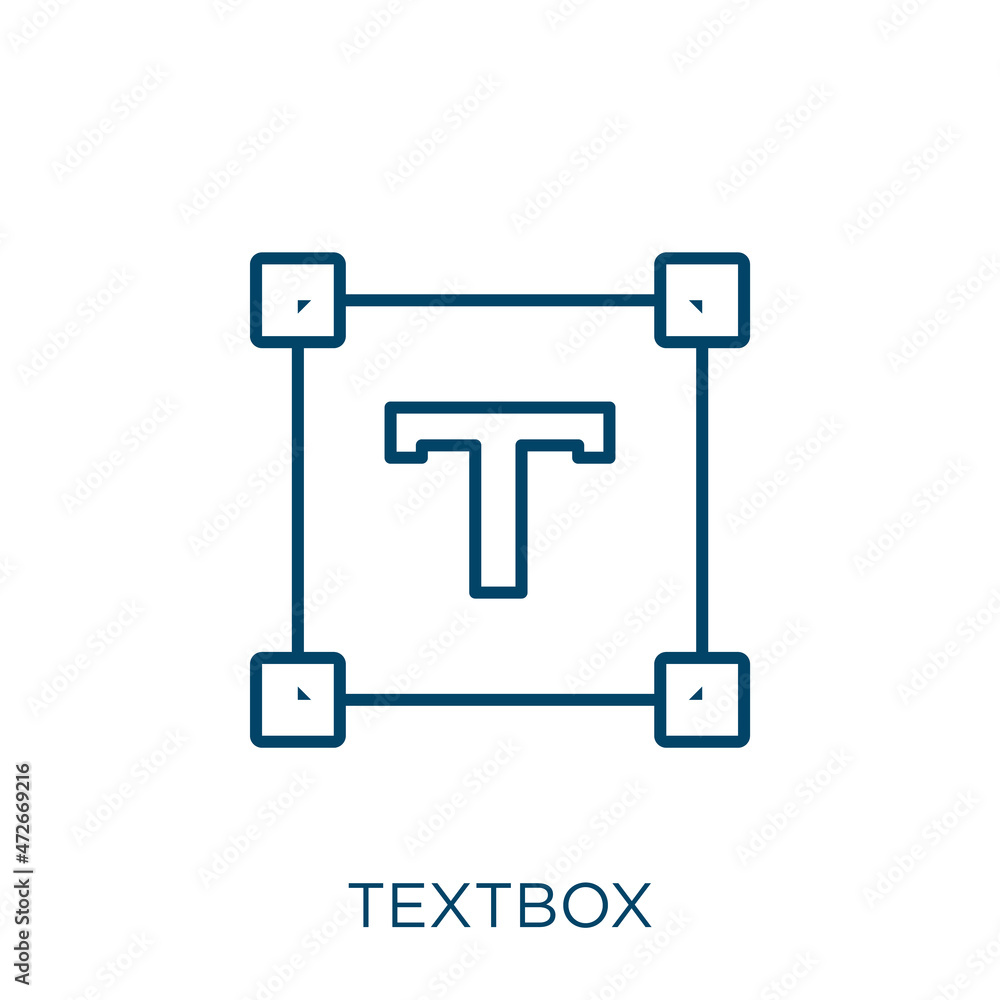 Aufkleber textbox icon. thin linear textbox outline icon isolated on white background. line vector textbox sig