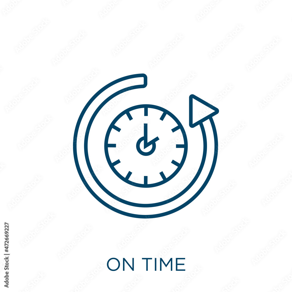 Poster on time icon. thin linear on time outline icon isolated on white background. line vector on time sig