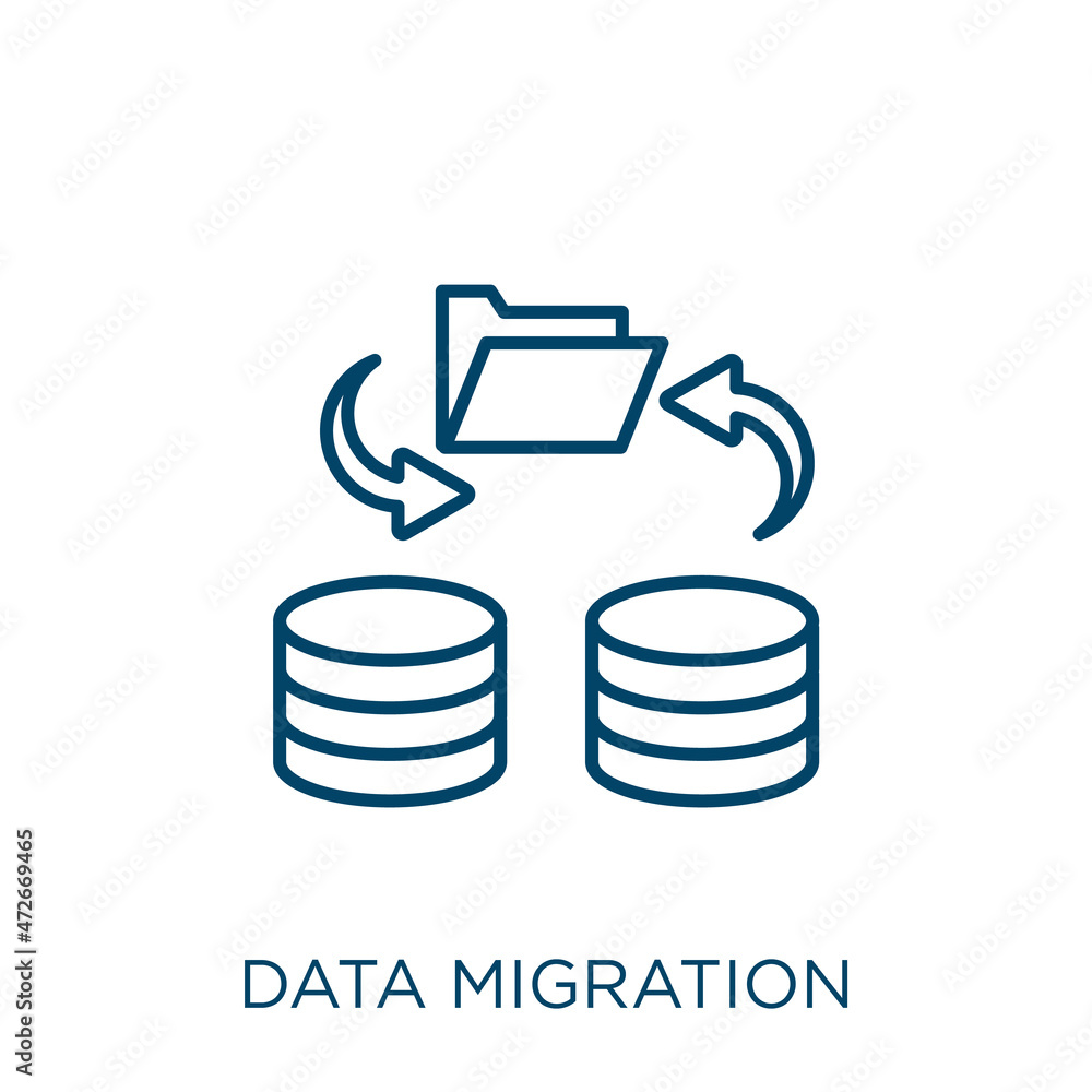 Poster data migration icon. thin linear data migration outline icon isolated on white background. line vect