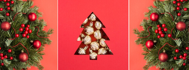 Christmas collage. Christmas tree cut out on the red  background and spruce branches. Close-up.