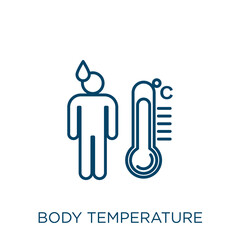 body temperature icon. Thin linear body temperature outline icon isolated on white background. Line vector body temperature sign, symbol for web and mobile. - obrazy, fototapety, plakaty