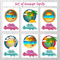 Deurstickers Set of summer cards with summer landscapes and lettering. illustration for cards, banners, posters, flyers, stickers and much more © Marin4ik
