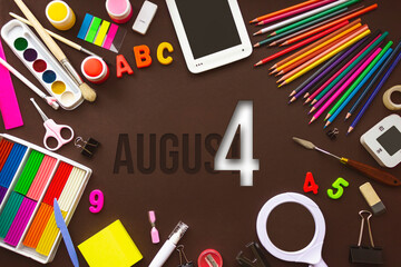 August 4th. Day 4 of month, Calendar date. School notebook and various stationery with calendar day. School and office supplies frame. Summer month, day of the year concept.