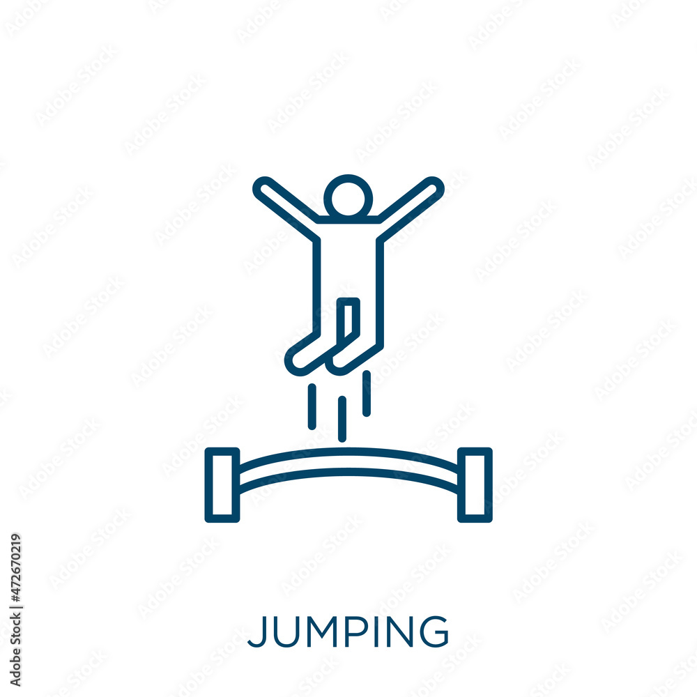 Poster jumping icon. thin linear jumping outline icon isolated on white background. line vector jumping sig