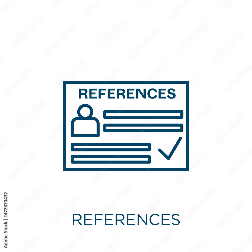 Aufkleber references icon. thin linear references outline icon isolated on white background. line vector refer