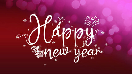 Happy New Year. Elegant font decorated with festive symbols and curved ornaments. Red bokeh effect	