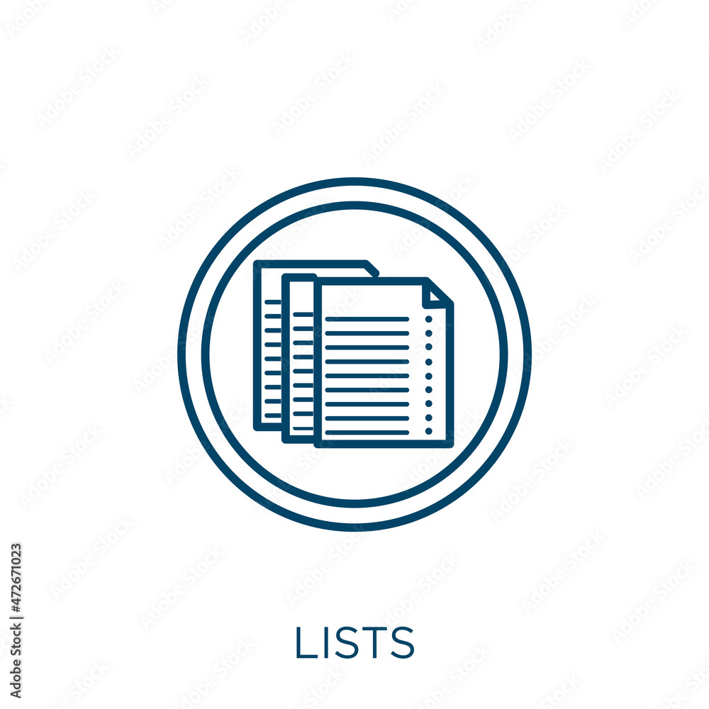 Poster lists icon. thin linear lists outline icon isolated on white background. line vector lists sign, sym