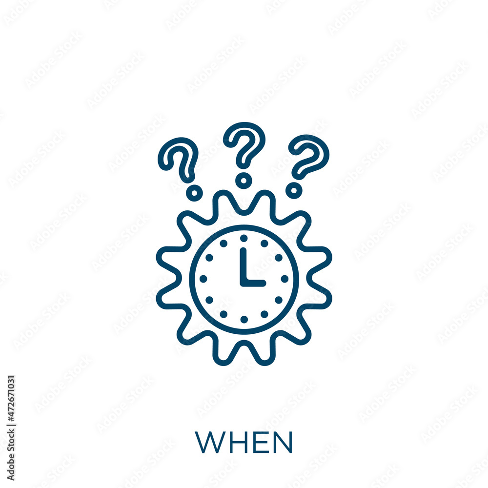 Poster when icon. thin linear when outline icon isolated on white background. line vector when sign, symbol