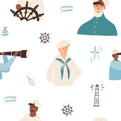 Nautical seamless pattern for fabric, wrapping paper. Seas conquerors, Captain, sailor watches in the field scope.