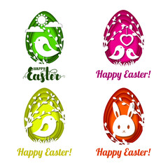 Set of colorful Easter eggs with beautiful decor in the style of paper art. illustration isolated on white background