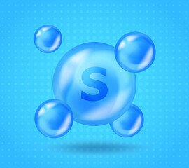 Realistic mineral S design. Vitamin complex design for beauty, cosmetic, heath advertising. 3D Mineral S drop pill capsule.