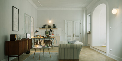 panorama view inside old vintage retro parisian apartment downtown