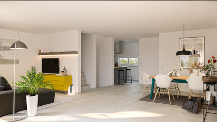View inside living room of a modern european familyhome with kitchen